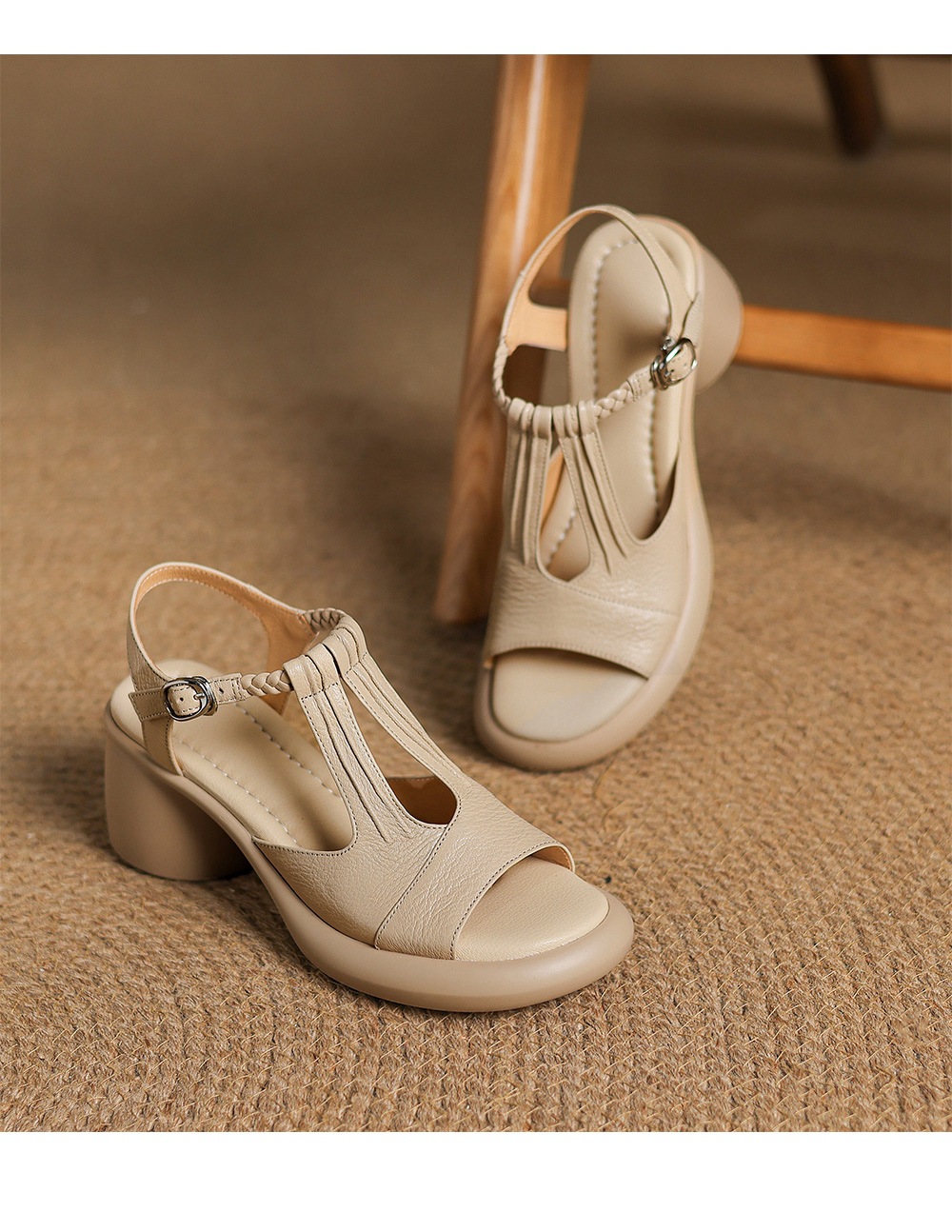 Sandal nữ da cừu mũi cá hở gót, đế dày gót thô 9 cm, quai ngang một dây — đen chi tiết 16
