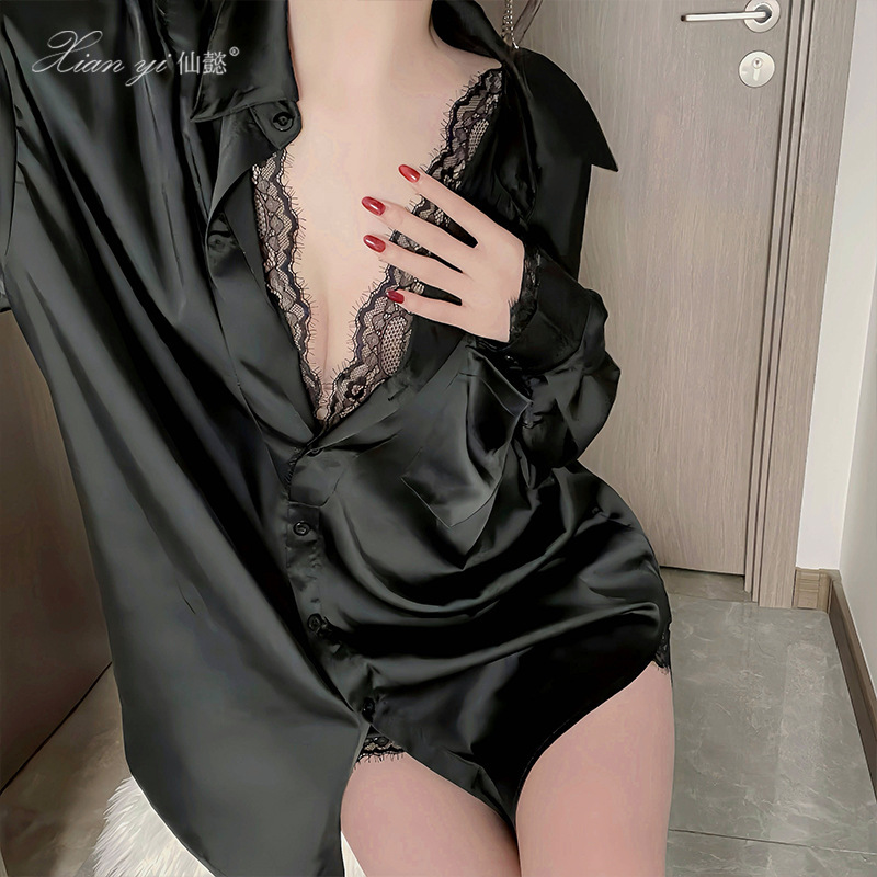 Xianyi Sexy Lingerie Pure Desire Boyfriend Style Shirt Pajamas Lace Temptation Plus Size Nightdress Shorts Two-Piece Set 660