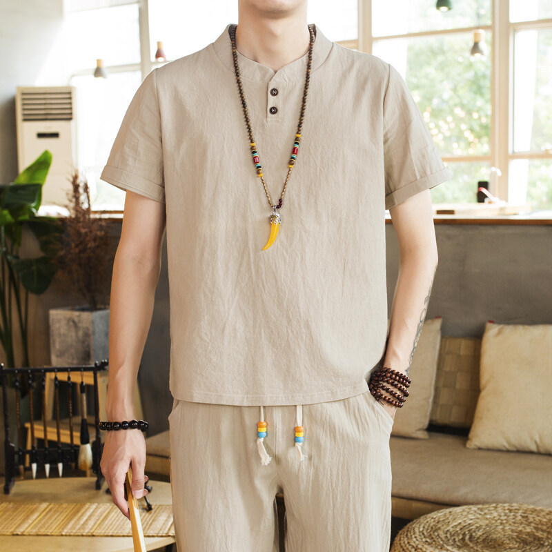 Summer Chinese Style Cotton and Linen Short-Sleeved Suit Men's Large Size Retro Tang Suit Hanfu Layman's Suit Tea Suit Tai Chi Suit Summer Chinese Style Cotton and Linen Short-Sleeved Suit Men's Large Size Retro Tang Suit Hanfu Layman's Suit Tea Suit Tai Chi Suit