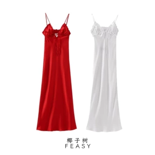 亚马逊跨境外贸欧美女装2024夏季新款叠层装饰丝缎迷笛连衣裙