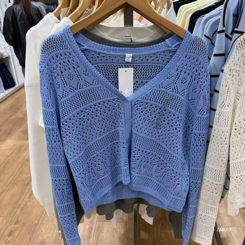 2026 New Summer Style Women's Cut Out V Neck Knitted Cardigan Loose and Versatile Casual Sweater Sweater Jacket 485724