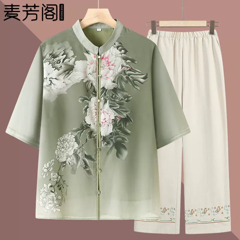 妈妈夏装短袖衬衫女2025新款中老年人夏季雪纺衫奶奶洋气大花套装