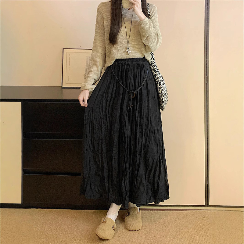 高腰半身裙女早秋新款韩版设计感褶皱长裙复古气质显瘦a字伞裙潮|undefined