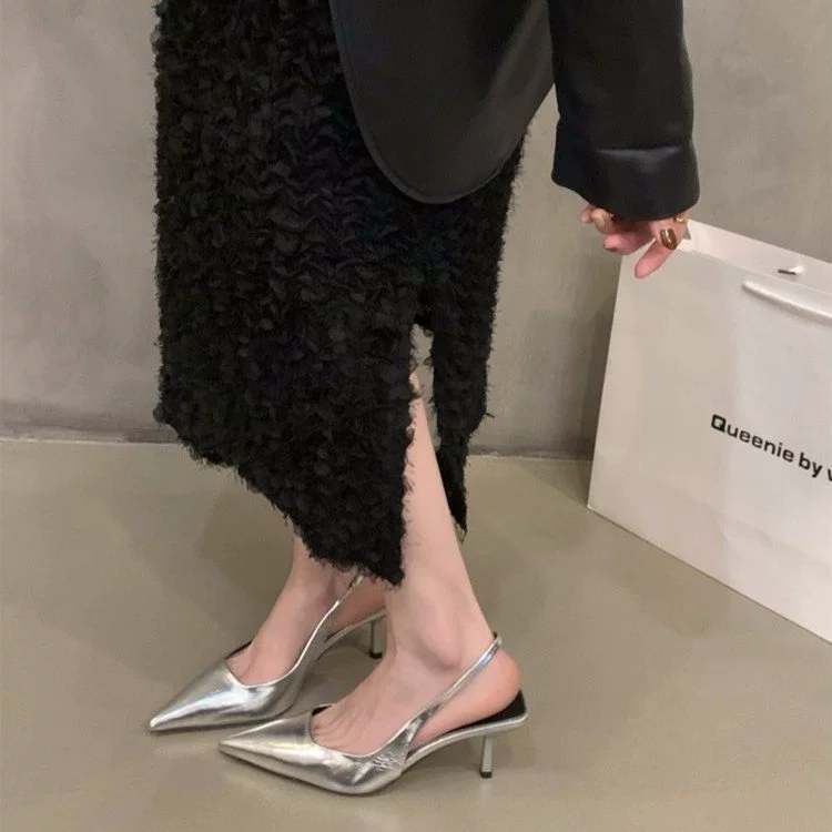 Серебряные элегантные босоножки на высоком каблуке с острым носком, закрытые, в стиле феи, новинка 2024 года, весна-лето, французский стиль, без задника