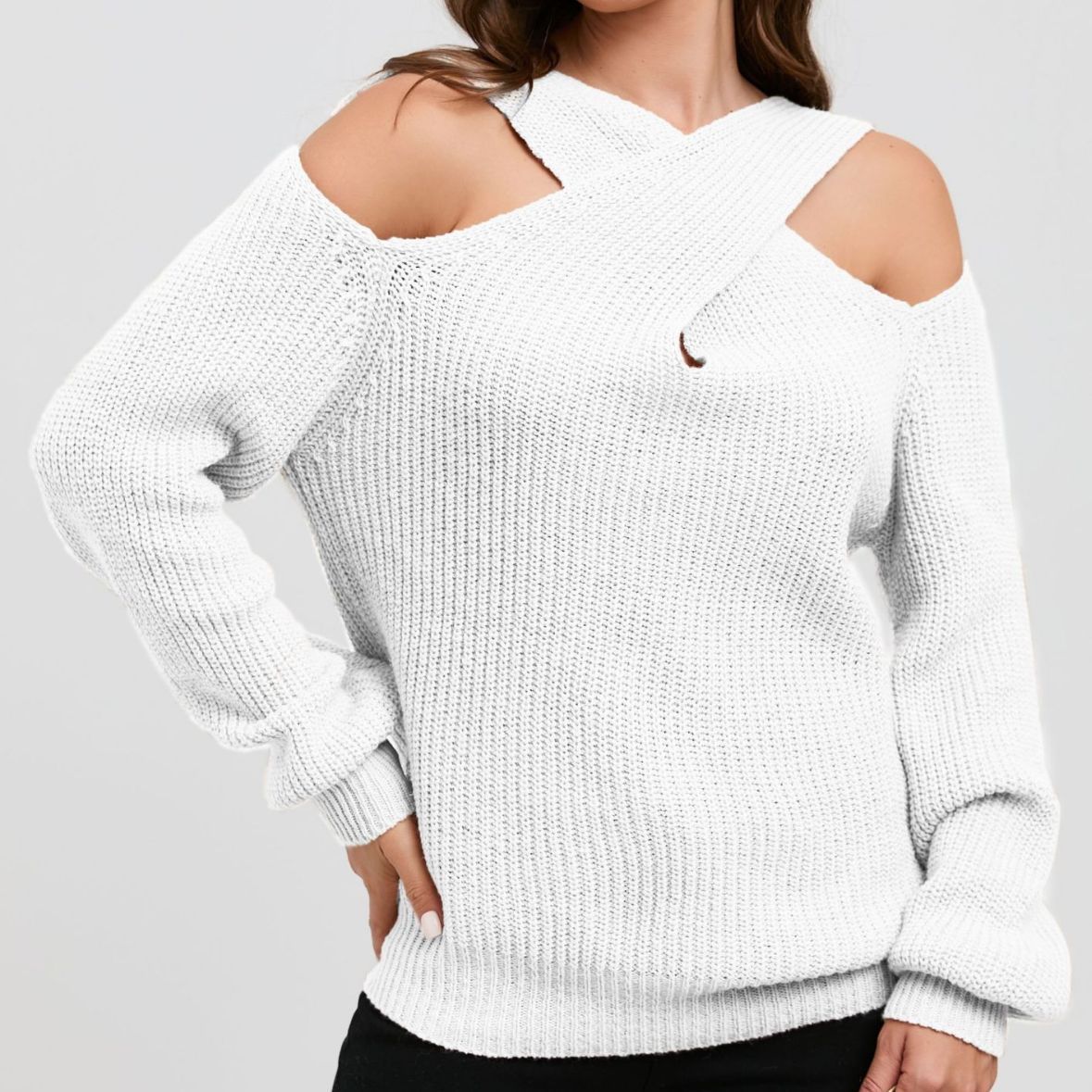 2023 nuevo Amazon primavera y otoño color sólido fuera del hombro Cruz Halter linterna manga suéter para mujeres