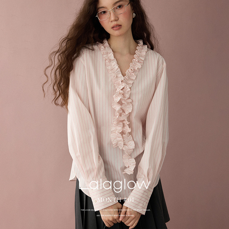 条纹控 法式宽松显瘦花边条纹衬衫上衣女秋|undefined