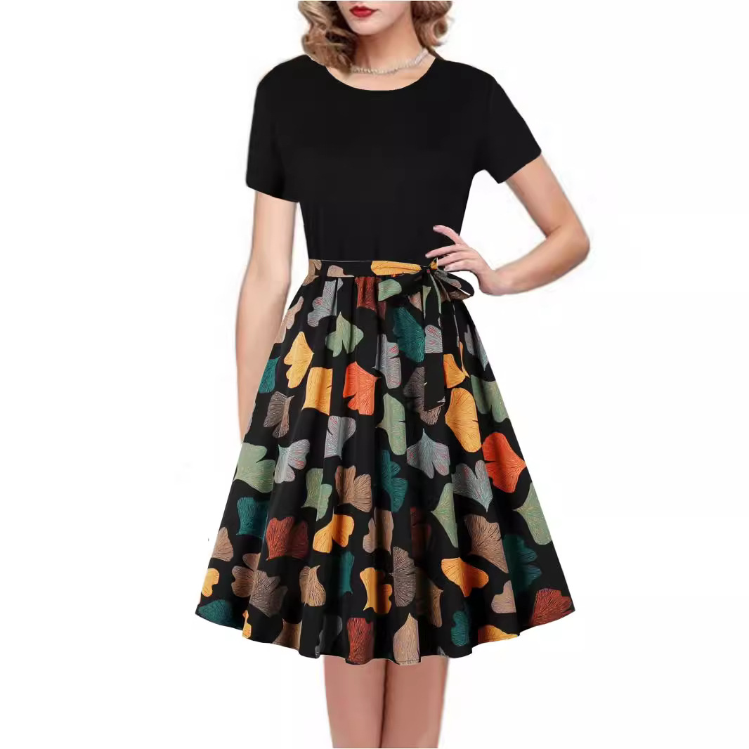 Cross-border Hot Selling Round Neck Vintage Printed Short Sleeve dress