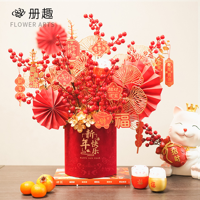 Año Nuevo decoración festivo acabado artificial flor fortuna fruta bendición cubo flor arreglo movimiento de inauguración felicidad en macetas hogar