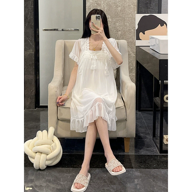 2025新款短袖家居服网纱睡裙女夏季睡衣凉感带胸垫薄款公主风黑色