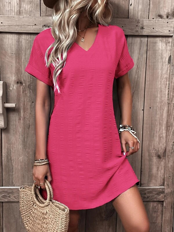 210g Weight Knee-Length Dress Length Type Short Sleeve Sleeve Length Regular Dress Dresses Type Regular Sleeve Sleeve Type Spandex, Polyester Fabric Type Mid Waist Waist Line Daily Occasion V Neck Neckline Regular Fit Fit Type Solid Color Pattern Summer, Spring Season Women's Gender Casual, Elegant Style Wholesale Women's Casual Elegant Solid Color Daily V Neck Short Sleeve Regular Dress 14