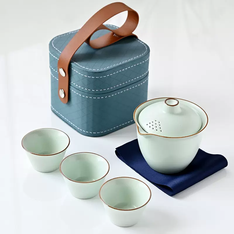 汝窑开片旅行茶具小套装快客杯一壶三杯户外露营车载便携logo礼品