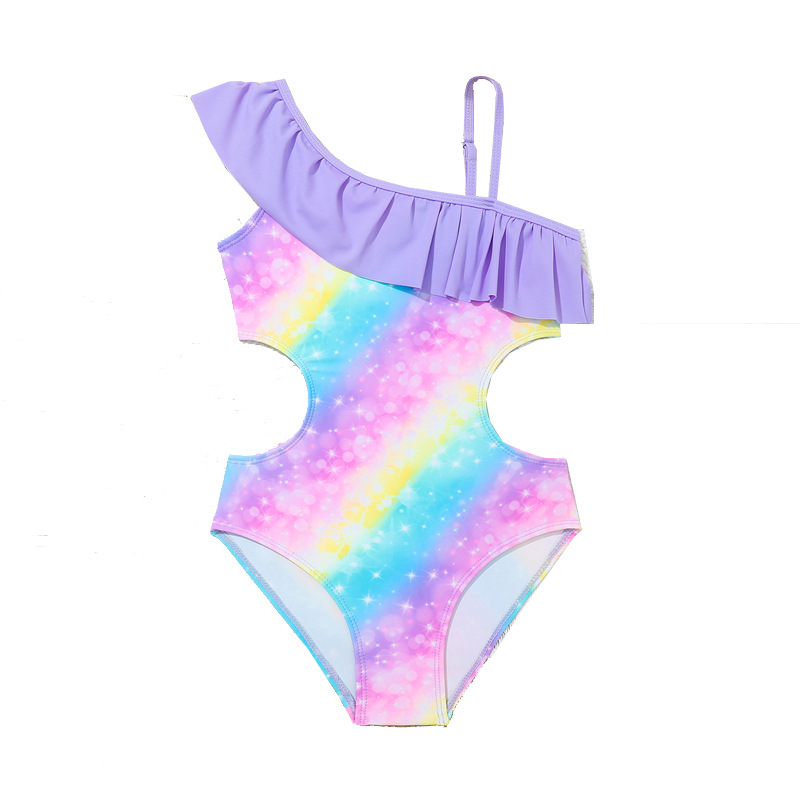 Cross-Border New Children's Swimwear Gradient Rainbow Print Medium and Large Girls One-Piece Cute Seaside Beach Suspender Swimsuit