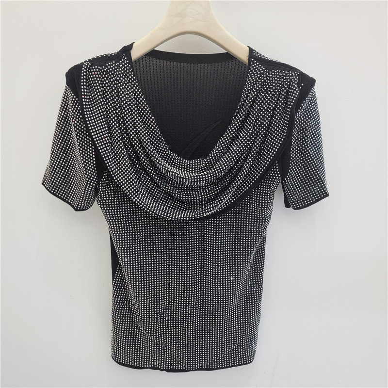 Ingeniería pesada caliente taladro camiseta de mangas cortas mujeres 2026 primavera y verano nuevo diseño un cuello plegado camiseta corta image 8