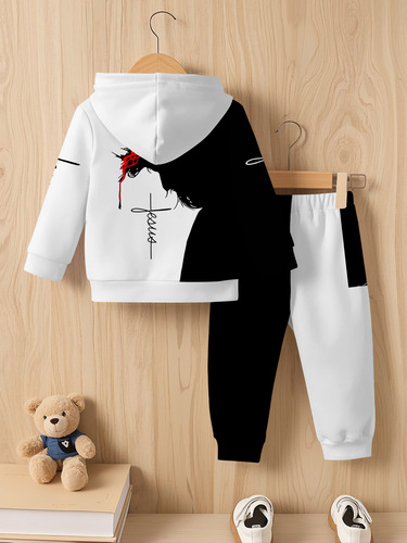Hooded hooded hoodie set for boys and girls, stylish black and white print, making it comfortable to go out and exercise in spring and autumn