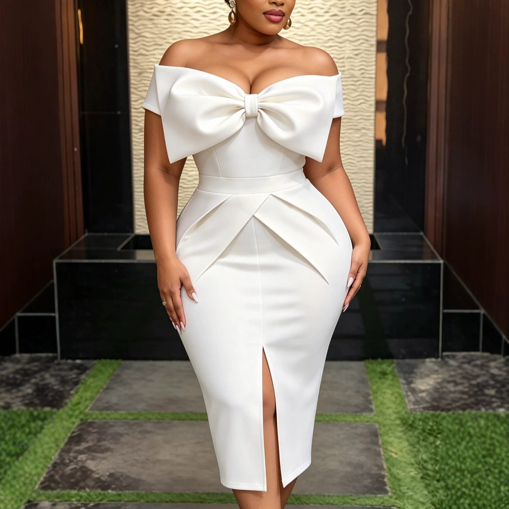 Plus-Size Women's Off-The-Shoulder Dress with Large Bow, Waist-Cinching Slit, Bodycon Midi Dress, Light Luxury Evening Gown
