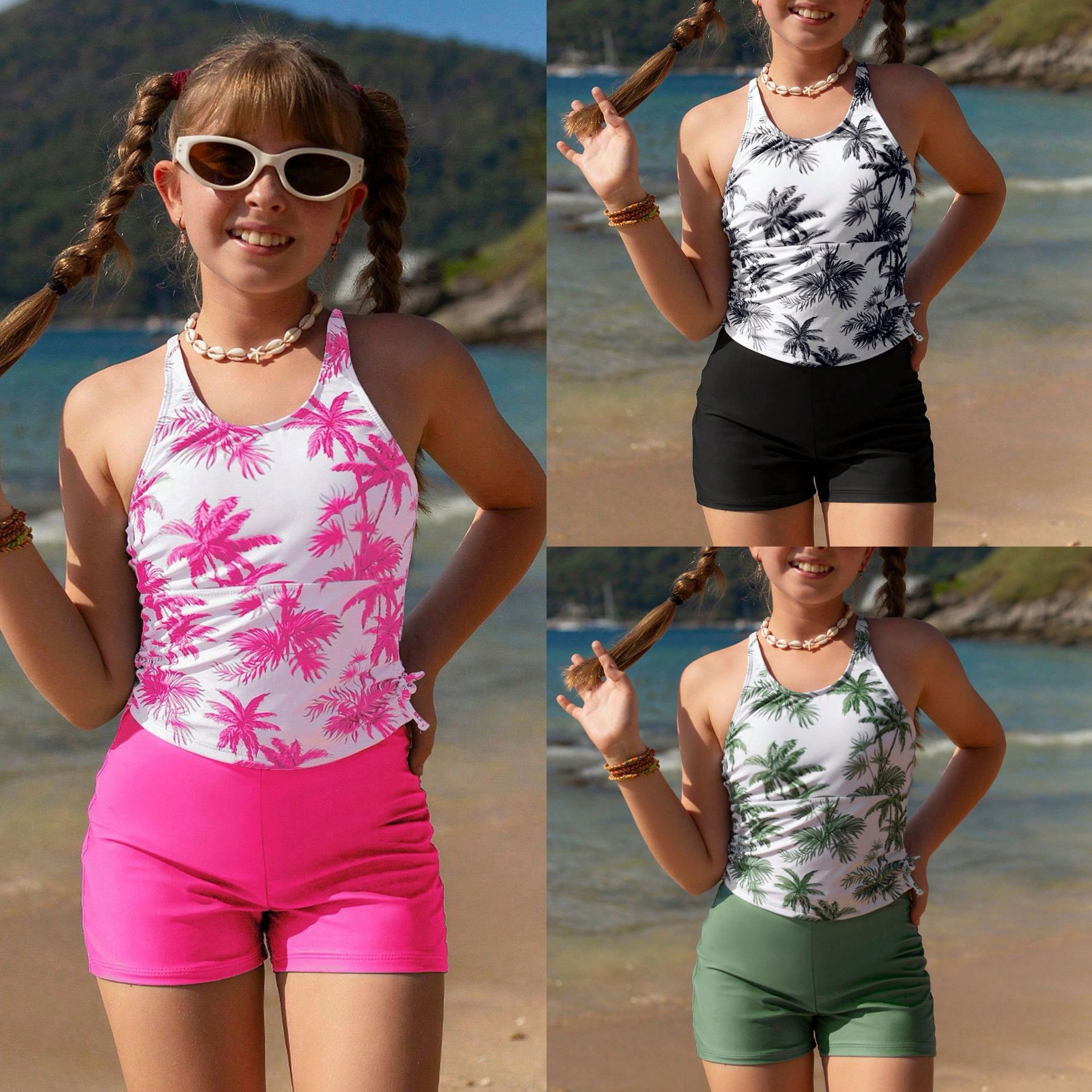 Girls' swimsuit two-piece set: white and pink coconut tree print high-neck tank top with short straps + fuchsia swim trunks
