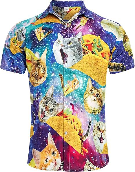 Venta caliente transfronteriza europea y americana, linda mascota gato estampado 3D, camisa hawaiana de manga corta con botones sueltos en la calle principal para hombres