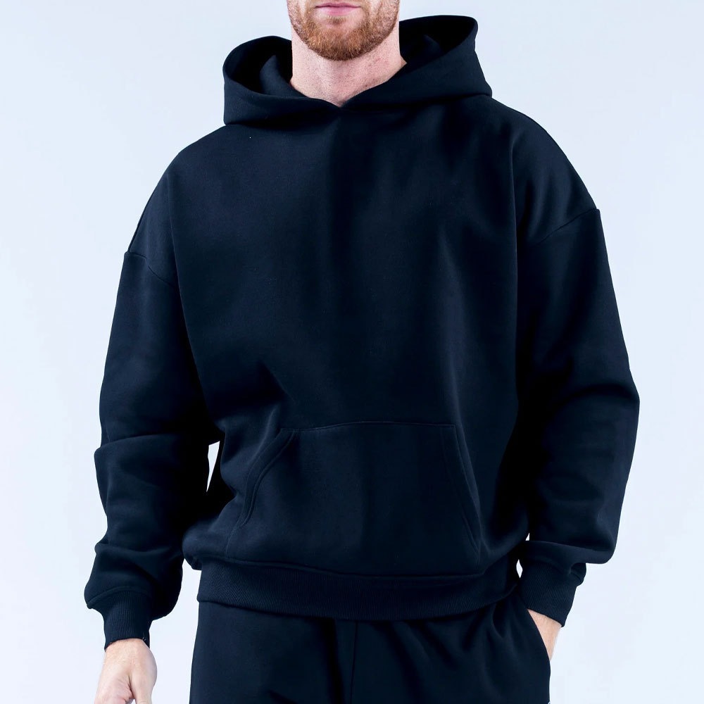 Cross-border European and American men's cordless hooded sweatshirt, loose fit, drop shoulder, solid color, autumn and winter pullover, American style trendy sports sweatshirt