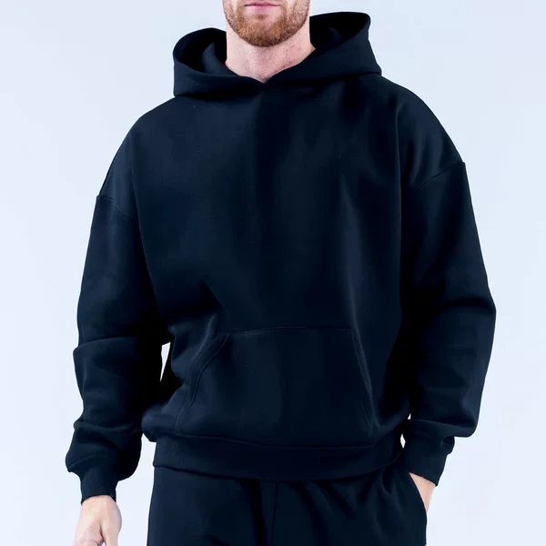 Cross-border European and American men's cordless hooded sweatshirt, loose fit, drop shoulder, solid color, autumn and winter pullover, American style trendy sports sweatshirt