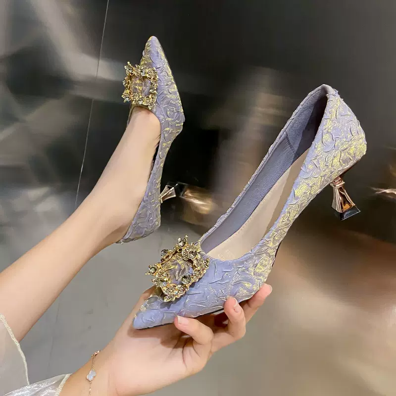 Фужер бутылка Pointed-Toe Обувь на каблуке, корейско-зид-стиль, жемчужная пряжка, элегантно повседневно