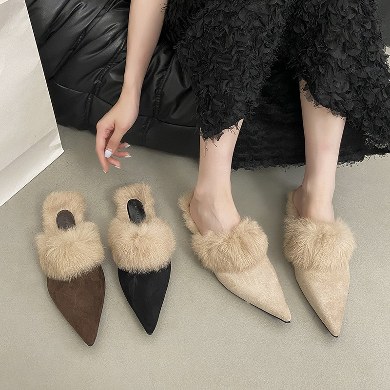 Autumn and Winter 2025 New Pointed Toe Furry Warm Stiletto High Heel Half Slippers Women's Toe-Toe Mule Slippers