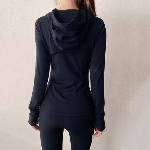 Lulu style women's yoga jacket with hood, slimming zipper cardigan workout top, running sport jacket