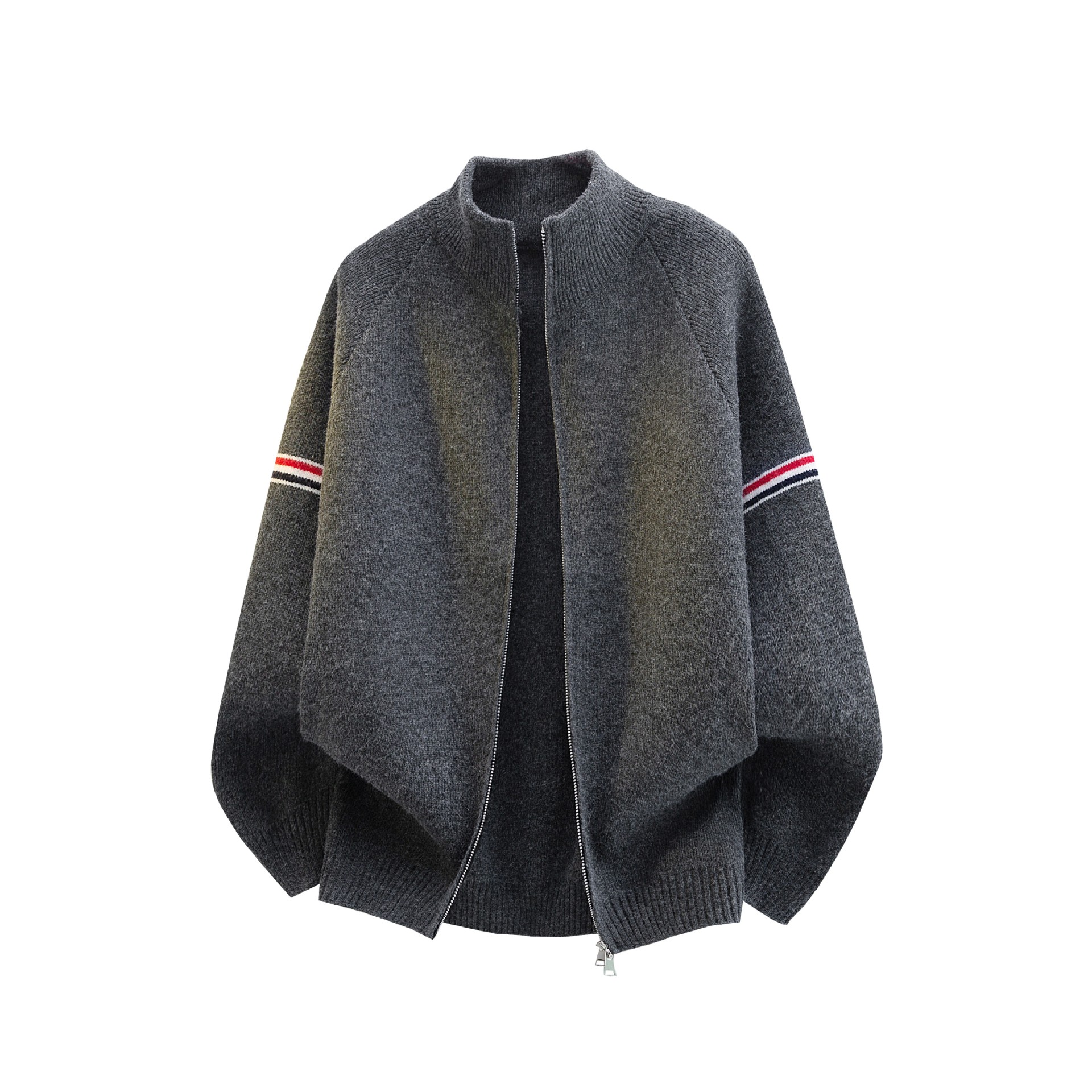 American color contrastante rayas de cuello cardigan suéter hombre y mujer otoño invierno retro sensación alta doble cremallera chaqueta de punto