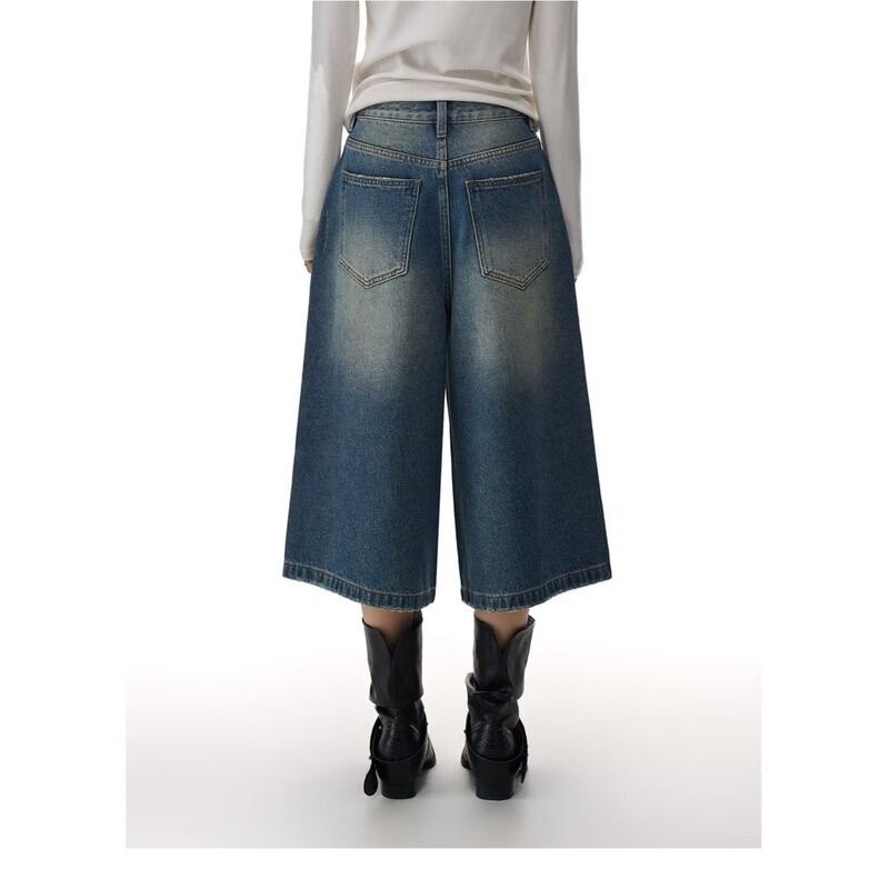Lazy American Retro Casual Trendy Brand Whiskered Washed Vintage Loose Wide-Leg Cropped Denim Shorts with Side Pockets New Style