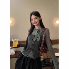 灰色辣妹蝴蝶结真两件长袖t恤女秋季设计感纯欲风修身打底衫上衣