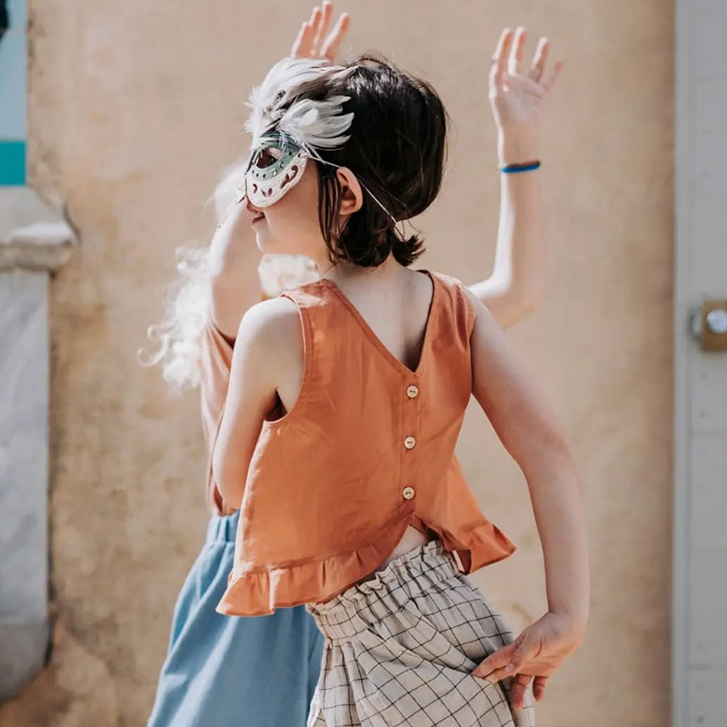 Linen Back-Buttoned Vest for Girls, 2026 Summer, Cute, Breathable, Sleeveless Top, Cute Forest-Style Cotton and Linen Camisole