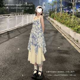 雏菊吊带连衣裙女夏季新款感仙气度假油画风甜美碎花长裙