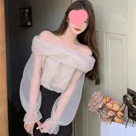一字肩衬衫女装设计感小众法式甜美网纱别致长袖衬衣夏季短款上衣