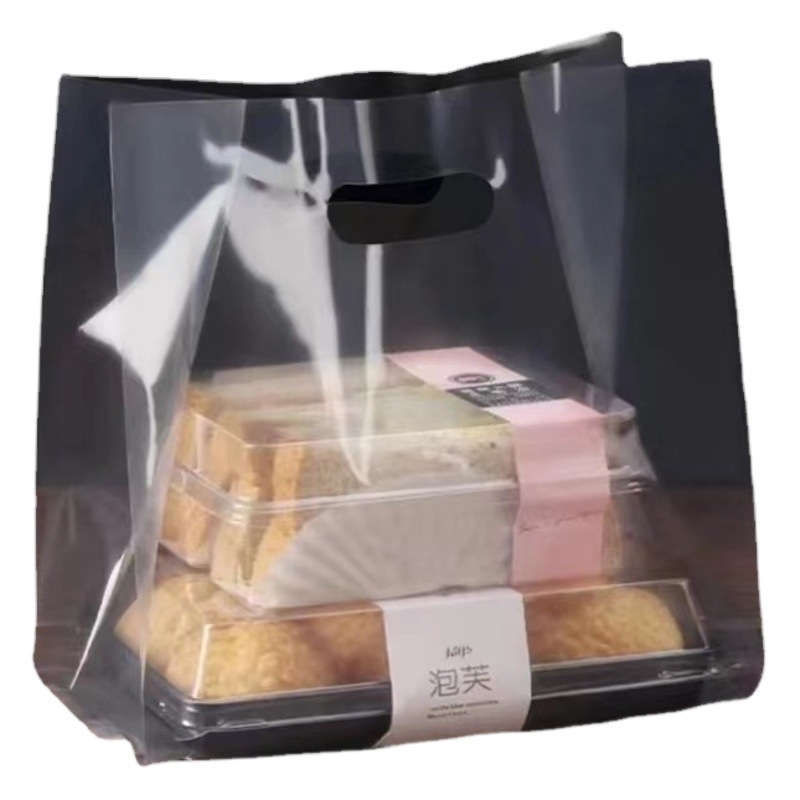 Venta al por mayor de alta presión transparente película suave bolsa de cuatro dedos fruta postre para hornear bolsa de embalaje desechable para llevar