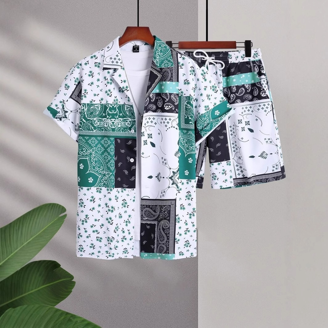 Color de contraste retro tótem impresión 3D comercio exterior Xiyin venta caliente verano hawaiano vacaciones camisa pantalones cortos traje de 2 piezas