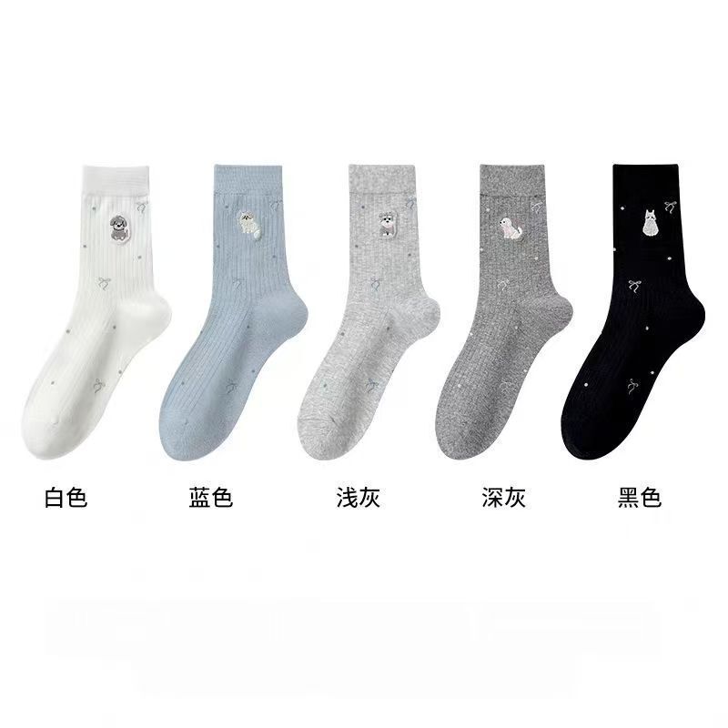 可爱小狗小猫刺绣袜子防臭吸汗中筒袜学生袜子ins甜美蝴蝶结长袜|undefined