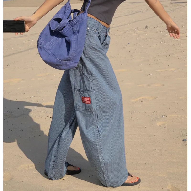 Korean Navy Vertical Striped Versatile Slimming High-Waisted Straight-Leg Casual Pants