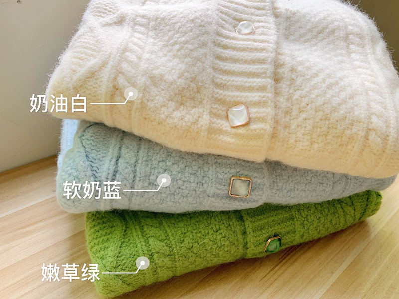 菱形麻花圆领毛衣女 慵懒风纯色大码针织开衫日系软糯长袖外套厚