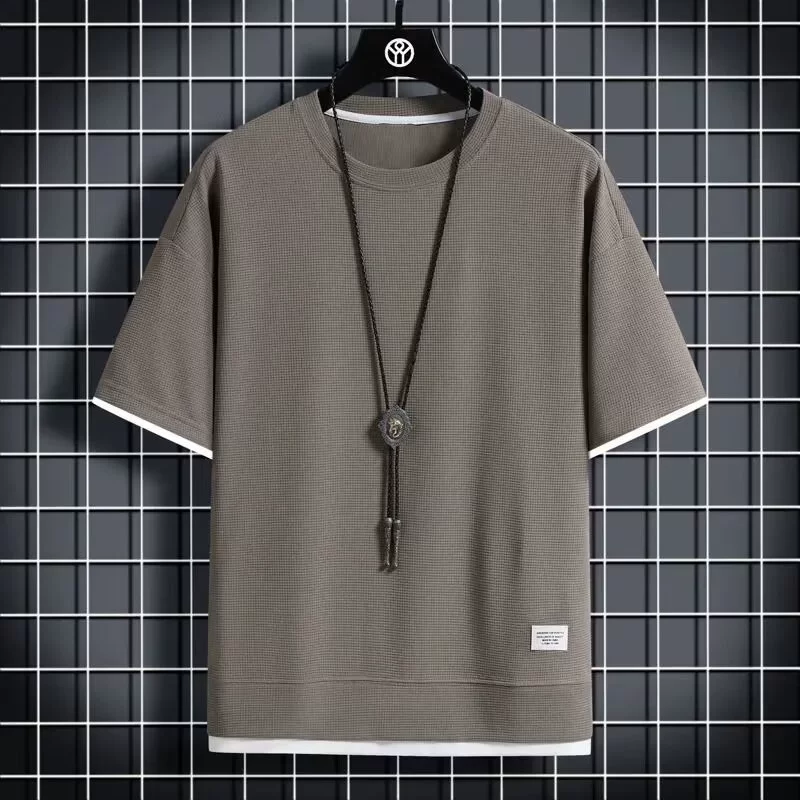 2025 новая мужская повседневная футболка с коротким рукавом корейская модная мода вафговая свободная футболка с круглым вырезом мужская футболка