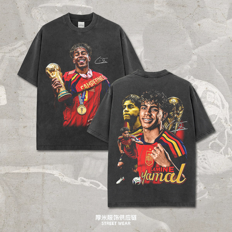 World Cup football star Yamal champion print retro loose heavyweight distressed T-shirt fan top