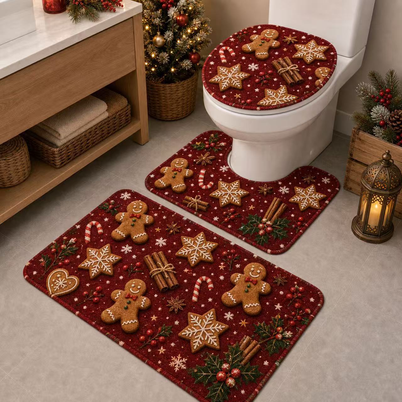 Cross-border TEMU Christmas new diatomite floor mat set of three for bathroom, toilet, water-absorbent and non-slip toilet mat