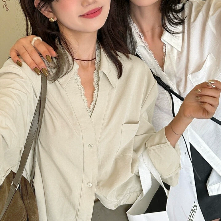 2025 новый стиль сладкое кружевное сшивание с длинными рукавами рубашка женская свободная повседневная дикая куртка