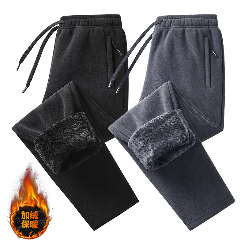New thickened cotton pants for men, winter warmth, straight leg, trendy and versatile, fleece-lined, with three zipper openings.