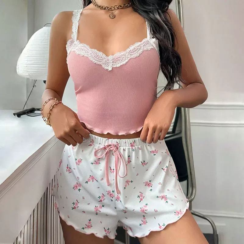 欧美跨境家居服蕾丝吊带短裤套装舒适弹力居家休闲可外穿家居服女