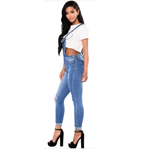 Women's ripped denim overalls, European and American style, Amazon denim skinny jumpsuit