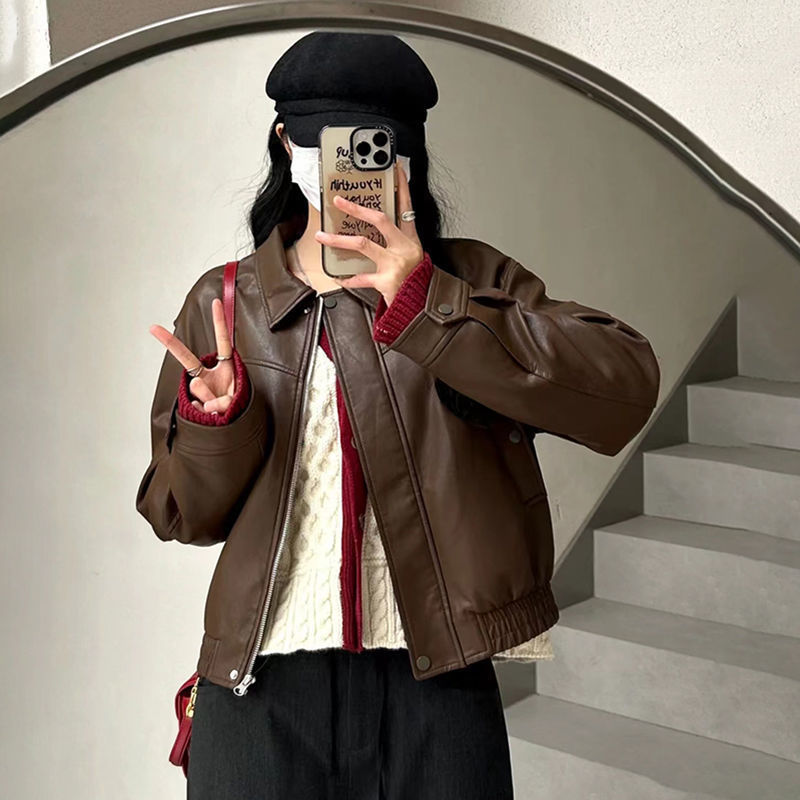 Brown Retro Short Motorcycle Leather Jacket for Women in Spring and Autum Short Soft Leather American Casual Jacket