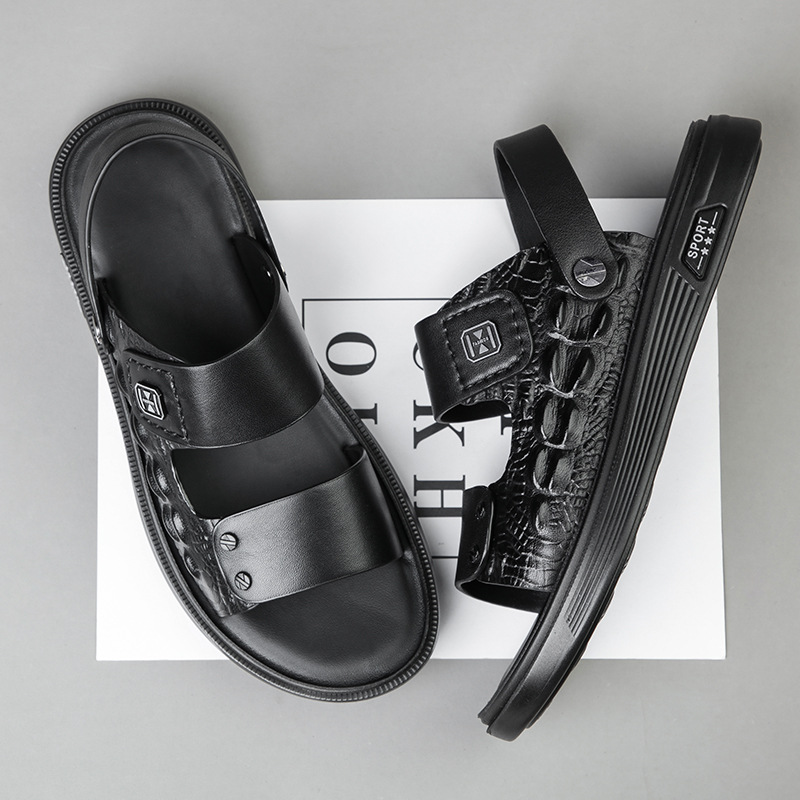 Sandalias de piel de oveja de primera capa para hombre, zapatos de playa de cuero genuino para exteriores, sandalias de cuero para hombre estilo papá a la moda, pantuflas para hombre.