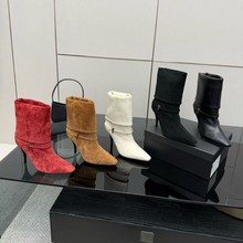 2025高定新款秋冬尖头短筒细跟高跟短靴百搭时髦真皮高跟短靴