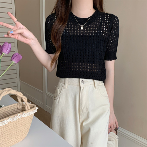 Pure Desire Short-Sleeve Hollowed Out Versatile Knit T-Shirt for Women 2025 Summer Thin Design Felt Minority Unique Top