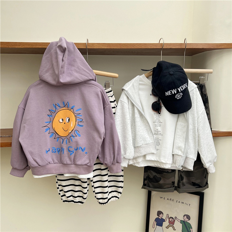 Ropa coreana de otoño 2024 para niños y niñas, sudadera con capucha y cremallera suelta con sol pequeño, chaqueta para niños_voghion.com