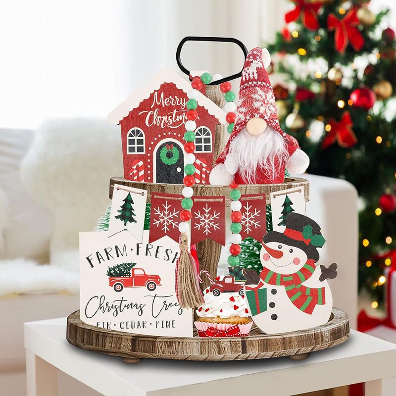 New Christmas wooden layered tray decoration plush dwarf country farmhouse winter kitchen table decorations New Christmas wooden layered tray decoration plush dwarf country farmhouse winter kitchen table decorations